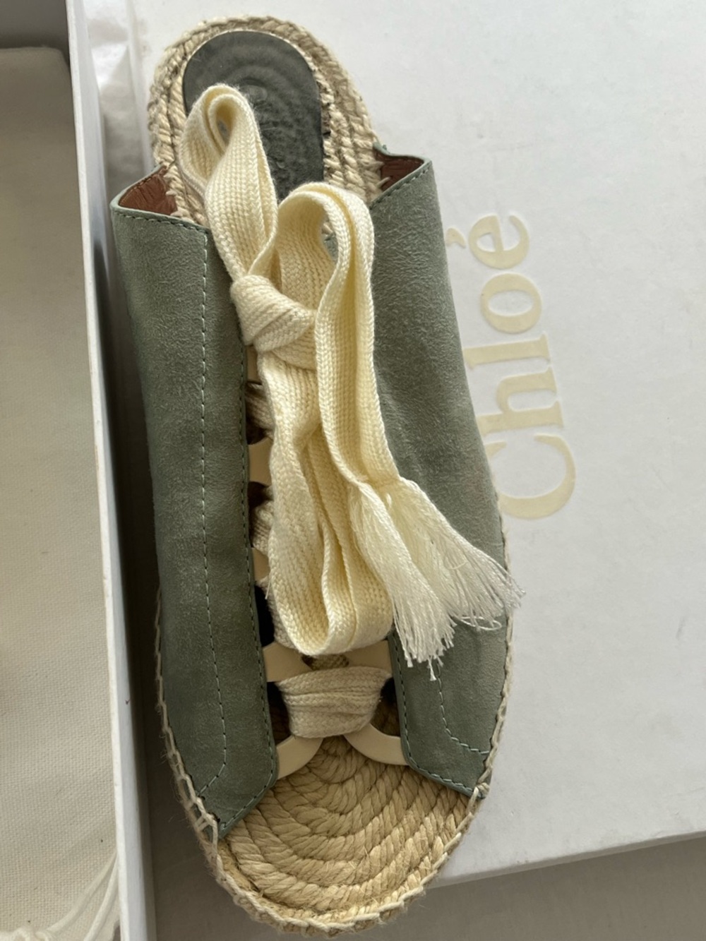 Chloe Harper Olive Suede and Cream Lace Espadrille Slides - Picture 4 of 6